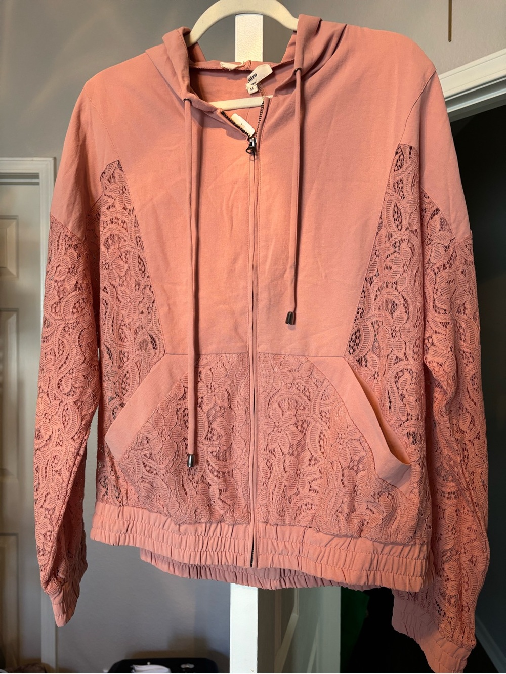 entro Dusty Rose Lace-Panel Zip Hoodie